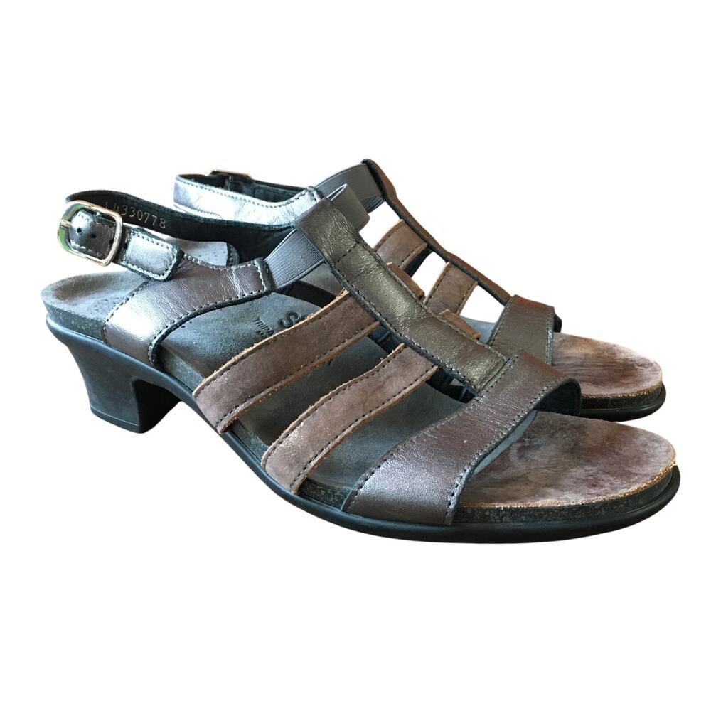 SAS Allegro Heel Strappy Sandal Womens 9 M Bronze Pewter Minimalist Metallic